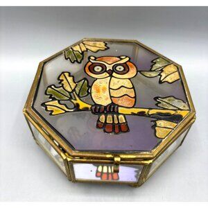 Vtg 70s Stained Glass Look Owl Jewelry Box Hinged Brass Taiwan Octagonal Mirror